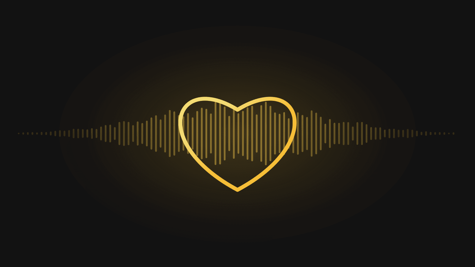 A gold heart outline drawn around a music waveform on black, representing AI built in service of human creators