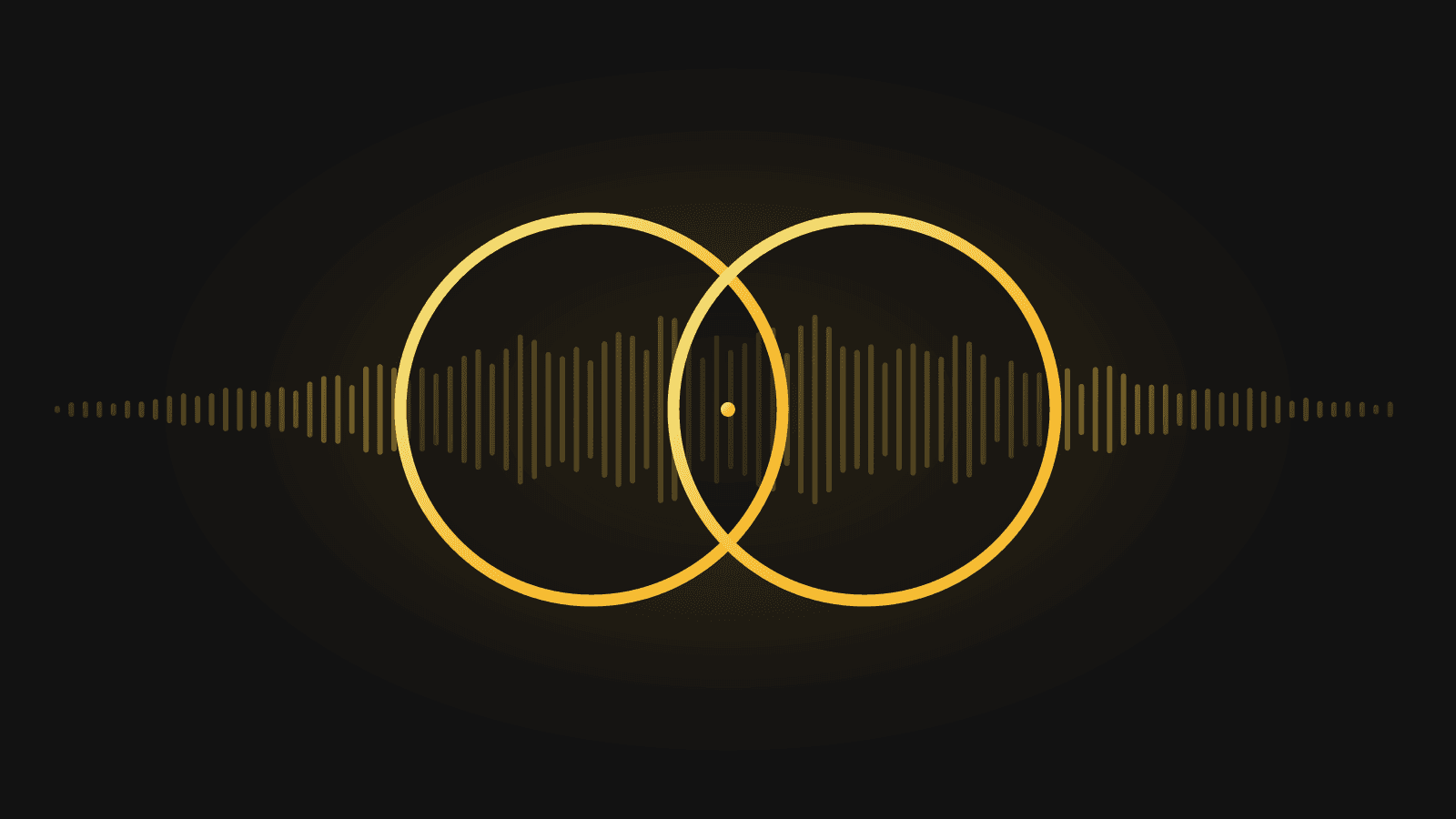 Two overlapping gold rings sharing one centre point over a music waveform, representing human and AI creative partnership