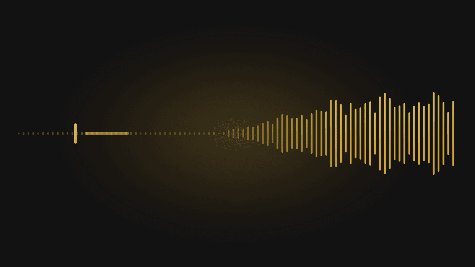 A gold text cursor and prompt line resolving into a rising music waveform on black, representing a written intention becoming sound